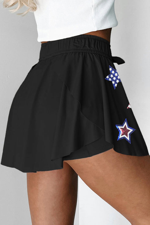 Sparkly Stars And Stripes Patriotic Flared Drawstring Active Skort